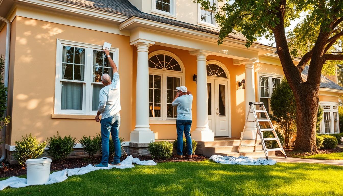 Professional painters applying exterior paint to a North Texas home